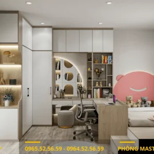 Combo phòng ngủ màu hồng với bàn làm việc kết hợp bàn trang điểm