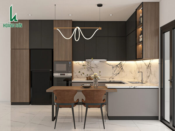 Tủ bếp chữ U hiện đại kết hợp bàn đảo tối ưu công năng