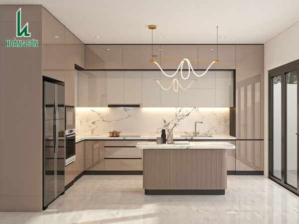 Mẫu Tủ bếp hiện đại phủ Acrylic tông be kết hợp đá marble cao cấp
