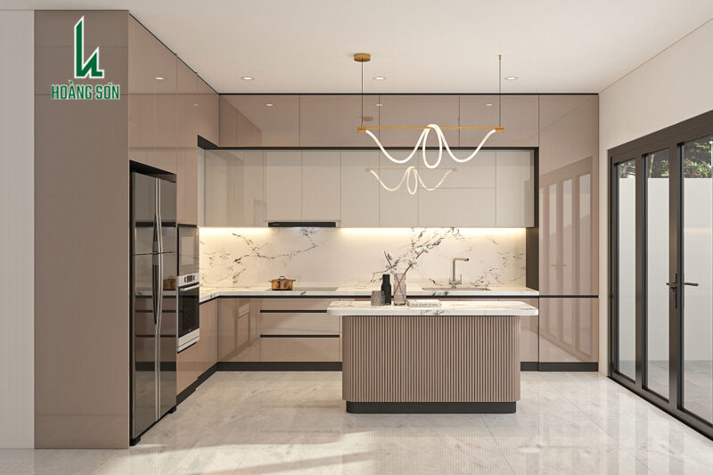 Mẫu Tủ bếp hiện đại phủ Acrylic tông be kết hợp đá marble cao cấp