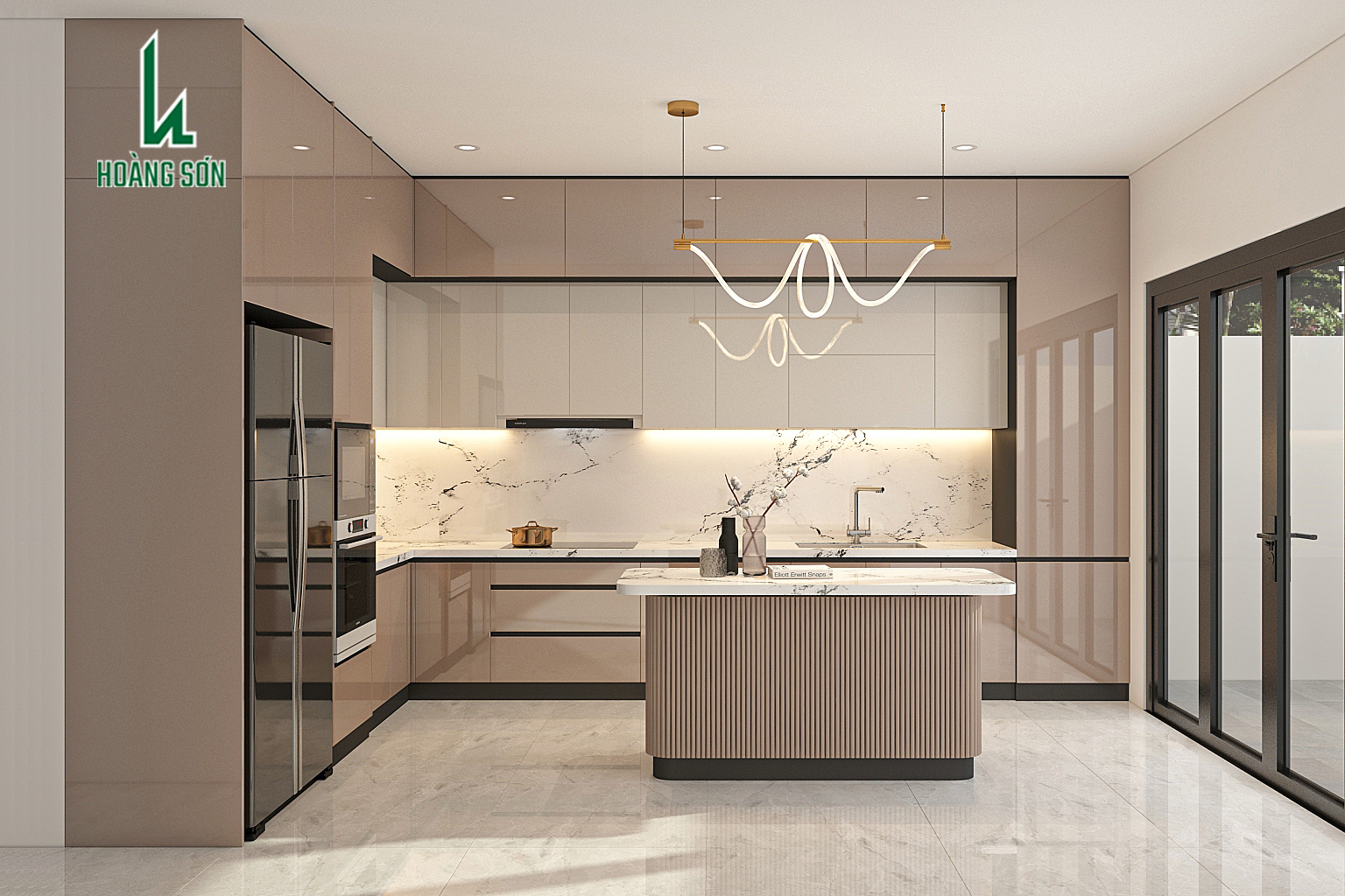 Tủ bếp TB0075 Mẫu Tủ bếp hiện đại phủ Acrylic tông be kết hợp đá marble cao cấp