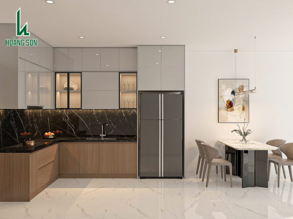 Mẫu tủ bếp chữ L TB0061 tối ưu lưu trữ cho nhà phố trần cao