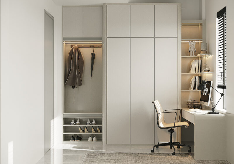 Tủ quần cáo kịch trần giúp phòng ngủ 13m² gọn gàng