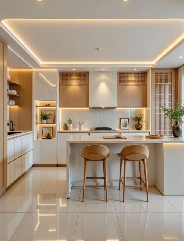 Nội thất bếp sử dụng gỗ và đá