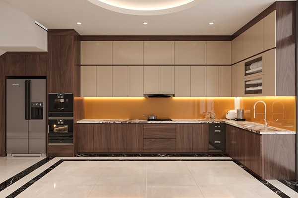 Bố trí bếp chữ L khoa học, giúp tối ưu hóa công năng nấu nướng