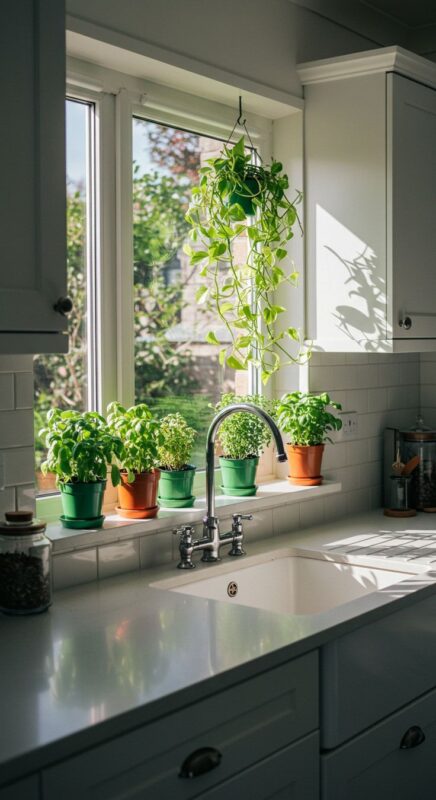 Vị trí đặt cây xanh gần cửa sổ phòng bếp