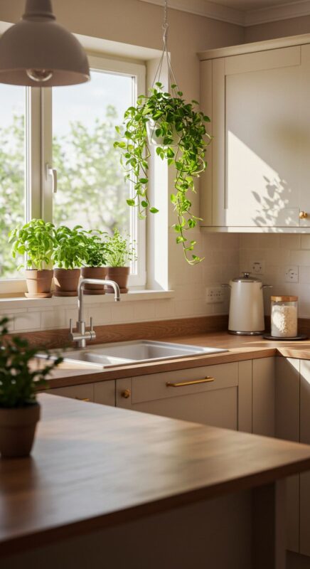 Phòng bếp hiện đại bố trí cây phong thủy tạo cảm giác dễ chịu