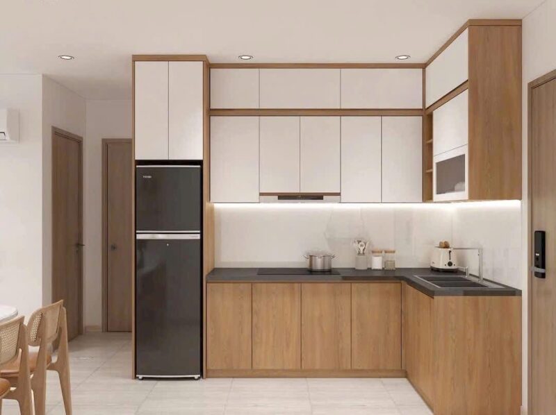 Tủ bếp gỗ công nghiệp phủ Laminate vân gỗ tự nhiên
