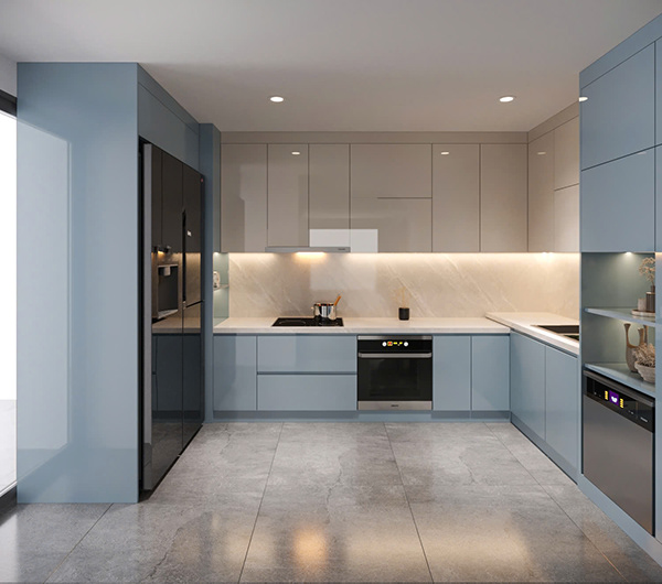 Không gian bếp chữ U đẳng cấp với sức chứa lưu trữ cực lớn.