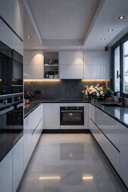 Cánh tủ bếp Acrylic bóng gương trong không gian bếp