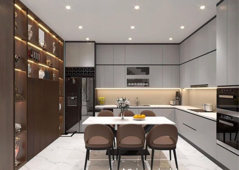 Màu sơn phòng bếp trắng giúp không gian rộng hơn