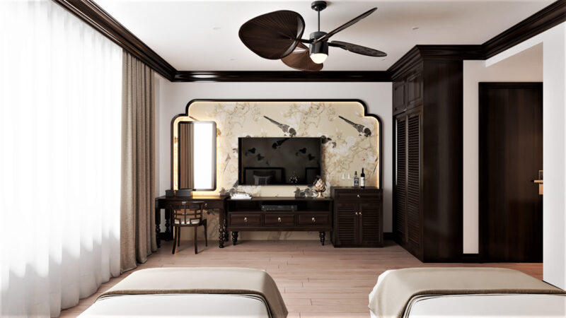 phòng ngủ tone nâu gỗ và trắng kem