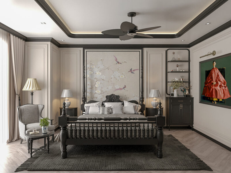 phòng ngủ 20m² phong cách Indochine sang trọng