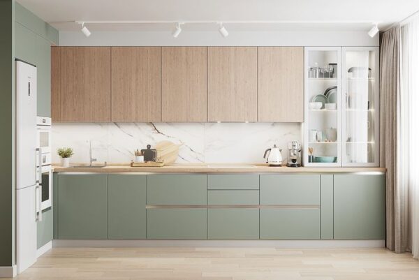 Tủ bếp sơn bệt màu Pastel trên cốt gỗ công nghiệp