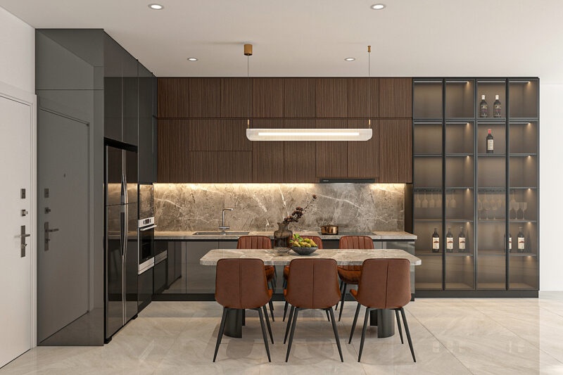 Tủ bếp gỗ công nghiệp cánh kính