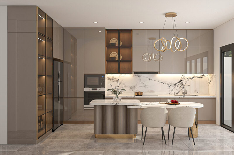 Hệ tủ bếp chung cư hiện đại khung nhôm kính