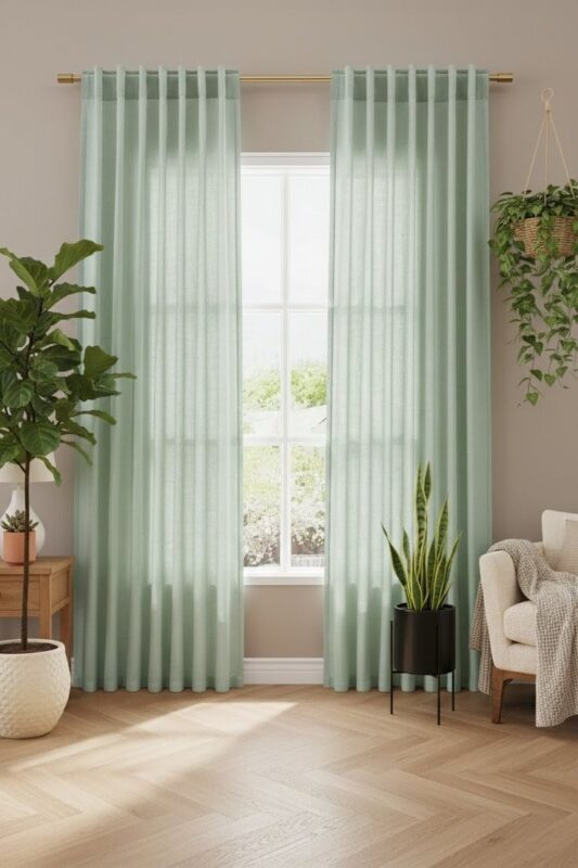Rèm xanh cho phòng khách mệnh Mộc