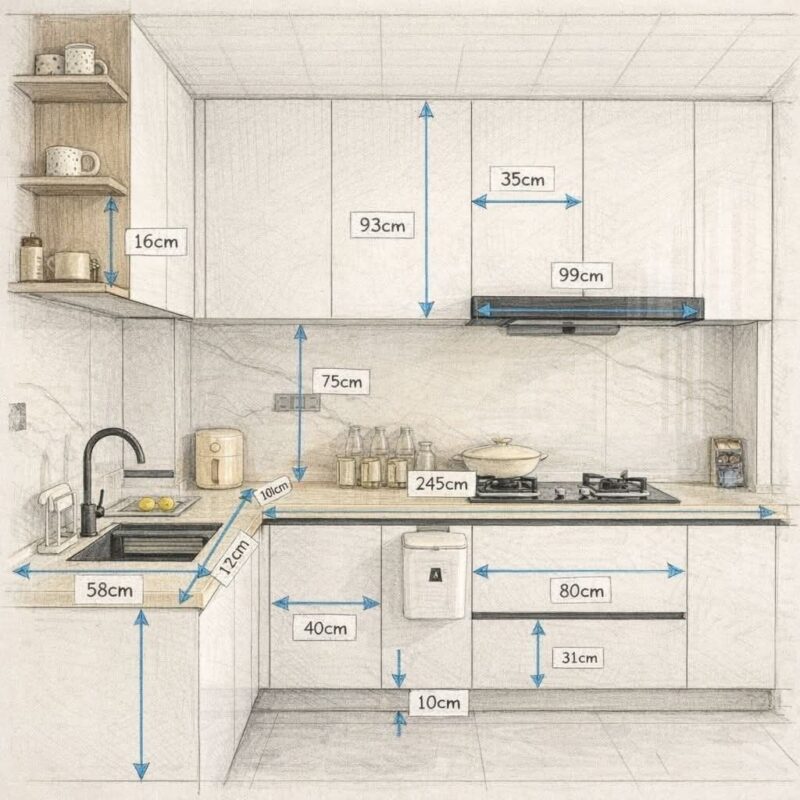 Kích thước tủ bếp tiêu chuẩn cho người Việt