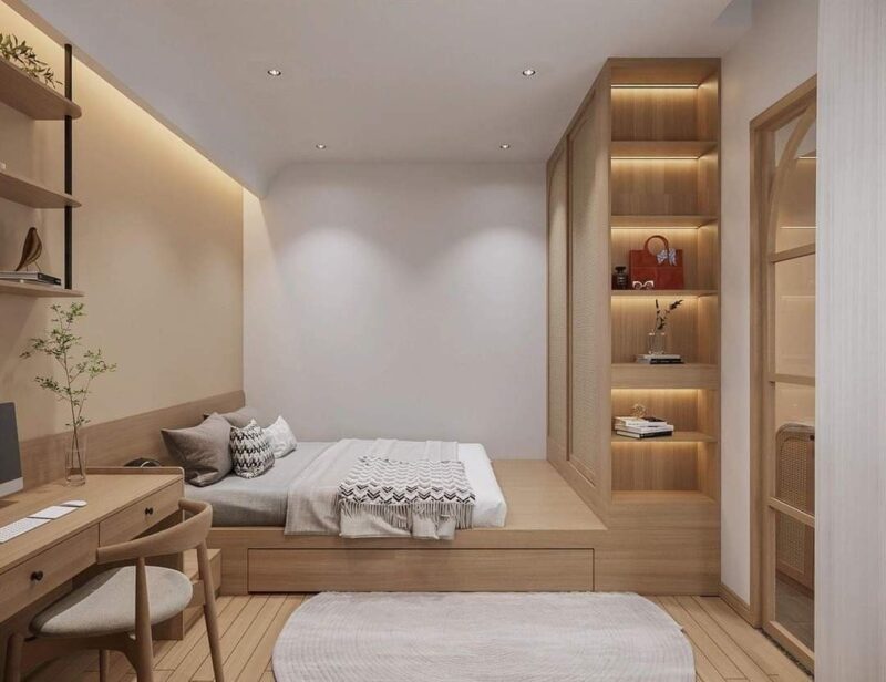 Cách bố trí phòng ngủ 6m2 hợp lý, công năng Kệ và không gian lưu trữ