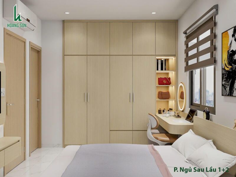 Dự án thiết kế phòng ngủ cho nhà chú Kế ở Tân Bình , TP.HCM Hệ tủ quần áo cao kịch trần giúp tiết kiệm diện tích tối đa