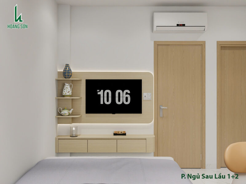 Dự án thiết kế phòng ngủ cho nhà chú Kế ở Tân Bình , TP.HCM Kệ tivi treo tường giúp tiết kiệm diện tích sàn nhà