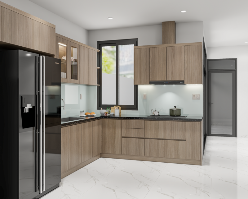 Dự án thiết kế phòng bếp cho nhà anh Thắng, Bình Tân TP.HCM Bố cục tủ bếp chữ L tận dụng tối đa diện tích, giúp quá trình nấu nướng
