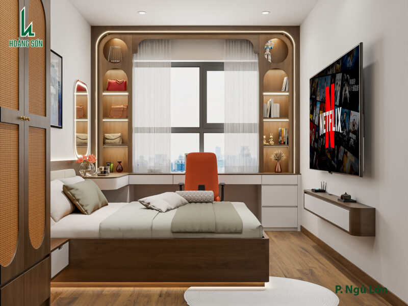 Dự án thiết kế phòng ngủ cho nhà anh Nghĩa chung cư Akari Bình Tân Hệ tủ trang trí và kệ cửa sổ thiết kế sang trọng hiện đại tích hợp lưu trữ thông minh