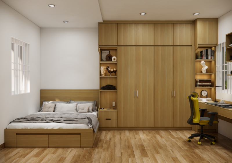 Dự án thiết kế phòng ngủ cho nhà anh Chính TP.HCM Giường ngủ được thiết kế khoa học tích hơp ngăn lưu trữ thông minh
