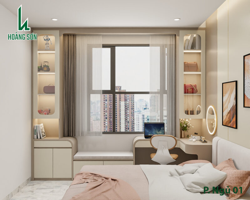 Bàn giao dự án thiết kế phòng ngủ cho nhà chị Thanh quận 12, TP.HCM Bàn trang điểm và bàn làm việc được bố trí cạnh cửa sổ