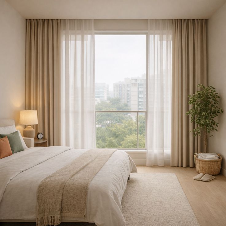 Top 20 mẫu phòng ngủ đẹp cho bạn gái hiện đại nhất 2026 Sử dụng rèm cửa và thảm trang trí