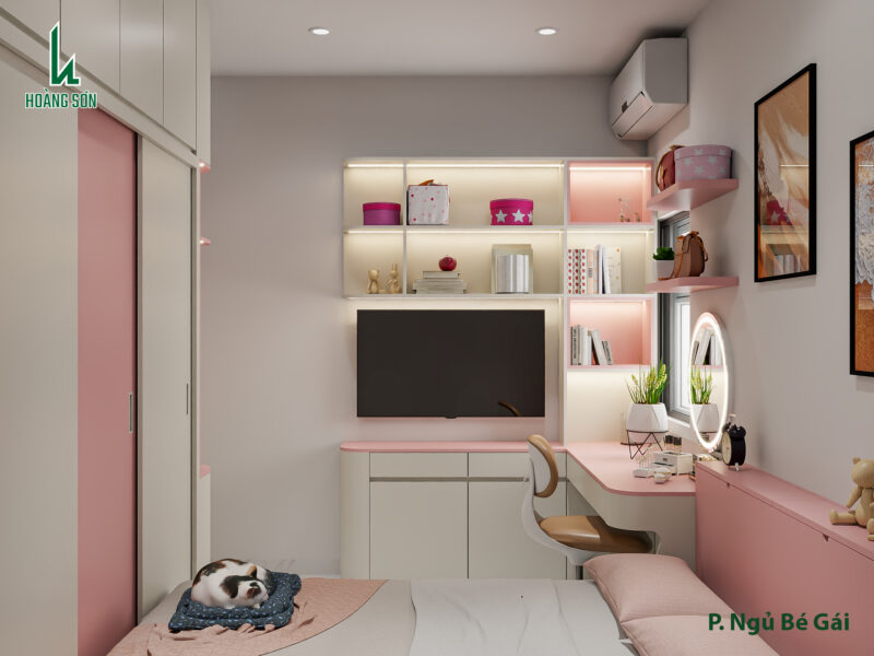 Bàn giao dự án thiết kế phòng ngủ cho bé gái phòng anh Linh, Tân Bình Bàn học kết hợp với bàn trang điểm giúp tối ưu công năng