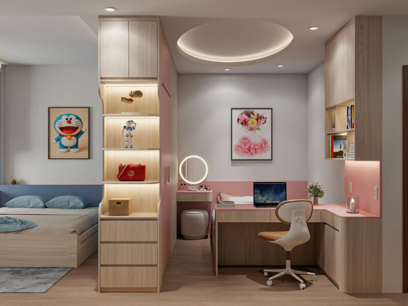 Dự án thiết kế phòng ngủ cho nhà anh Liêm Bình Thạnh, TP.HCM Khu vực bàn học và bàn làm việc đôi
