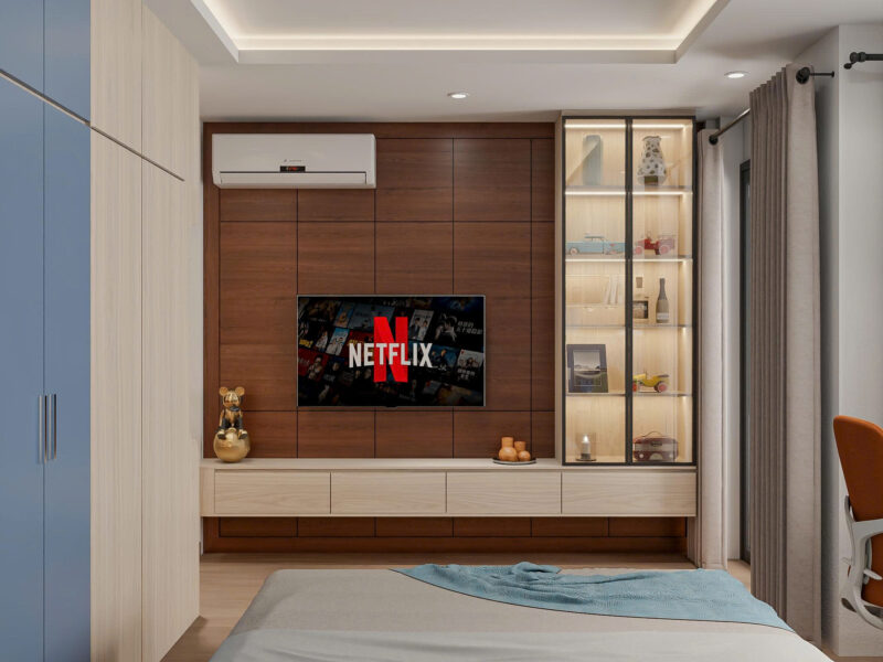 Dự án thiết kế phòng ngủ cho nhà anh Liêm Bình Thạnh, TP.HCM Vách ốp tivi và kệ trưng bày