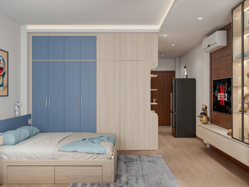 Dự án thiết kế phòng ngủ cho nhà anh Liêm Bình Thạnh, TP.HCM Phần tủ quần áo cao kịch trần giúp tiết kiệm diện tích