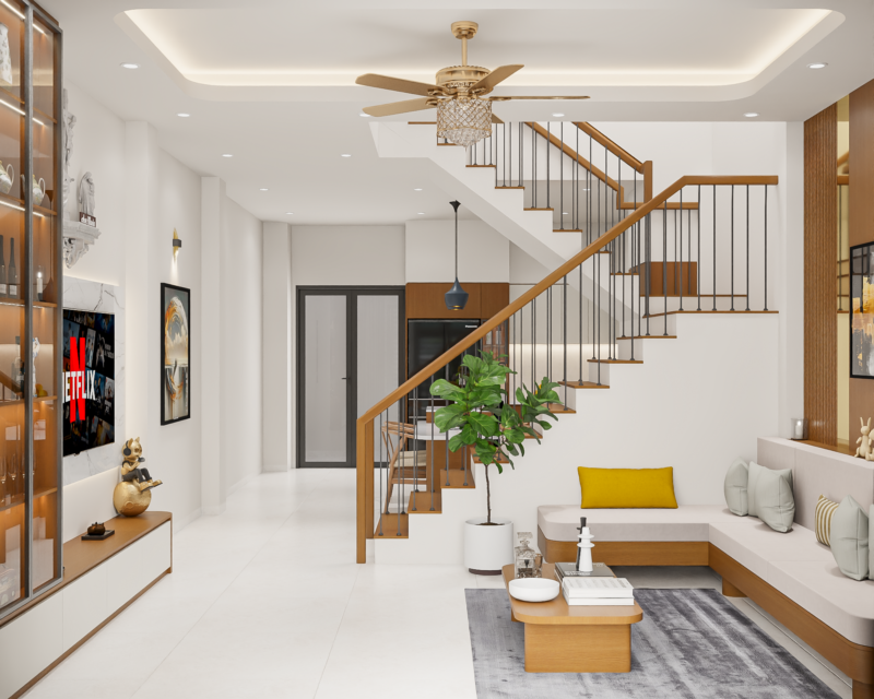 Dự án thiết kế phòng khách cho nhà chị Bích Bình Tân, TP.HCM Cầu thang và cây xanh cho phòng khách