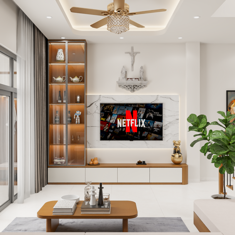Dự án thiết kế phòng khách cho nhà chị Bích Bình Tân, TP.HCM Vách tivi và kệ tivi