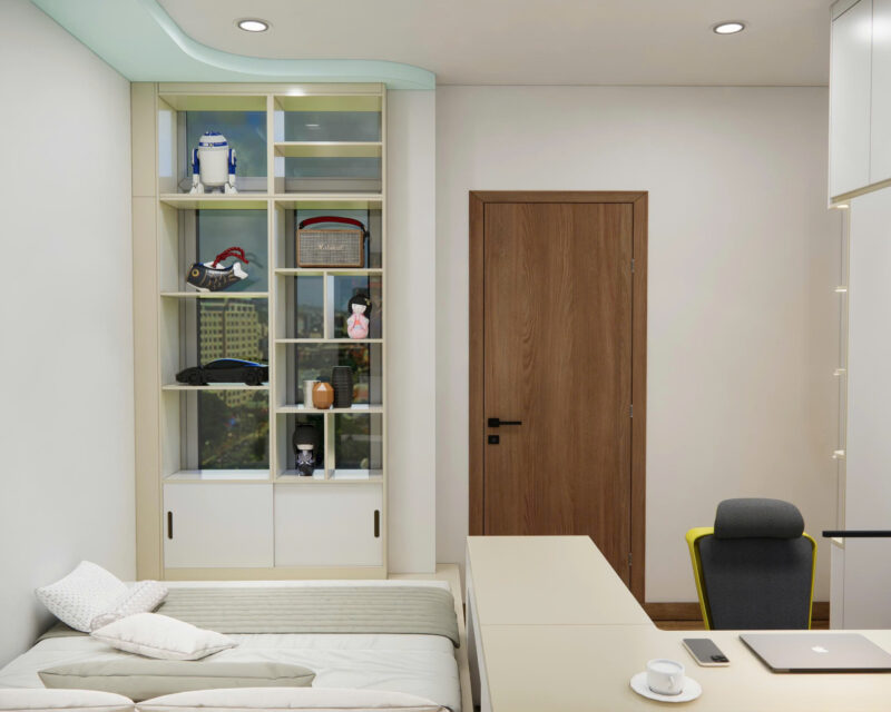Dự án thiết kế phòng ngủ cho nhà chị Phương quận 9, TP.HCM Kệ trang trí và khu vực trưng bày