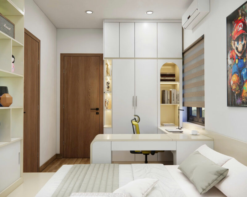 Dự án thiết kế phòng ngủ cho nhà chị Phương quận 9, TP.HCM Hệ tủ quần áo kịch trần, giúp tối đa không gian lưu trữ