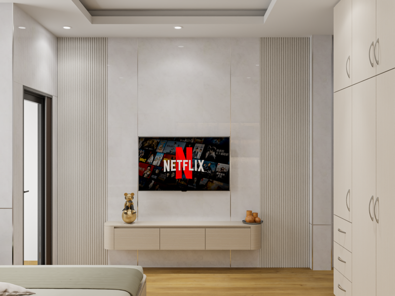 Bàn giao dự án thiết kế phòng ngủ cho nhà chị Hương Bình Tân, TP.HCM Kệ tivi được thiết kế tối giản