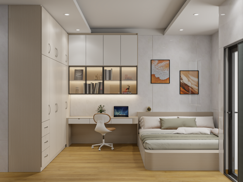 Bàn giao dự án thiết kế phòng ngủ cho nhà chị Hương Bình Tân, TP.HCM Giường ngủ bục – thiết kế liền mạch, tăng công năng