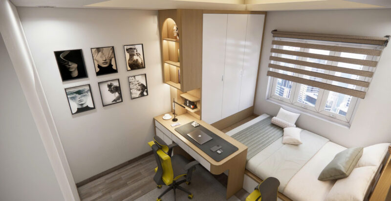 Bàn giao dự án thiết kế phòng ngủ cho nhà chị Phương Tân Bình, TP.HCM Hệ kệ trang trí và tủ treo quần áo