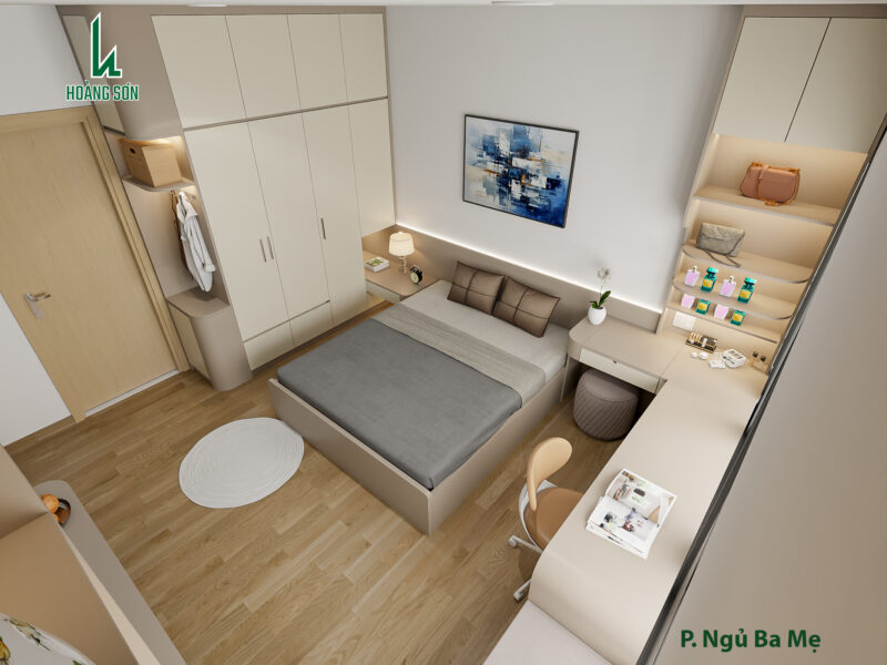 Dự án thiết kế phòng ngủ cho bố mẹ nhà anh Ngân quận 7, TP.HCM Hệ tủ quần áo cao kịch trần giúp tiết kiệm diện tích phòng