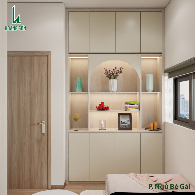 Dự án thiết kế phòng ngủ bé cho nhà chị Thuý Tân Phú, TP.HCM Hệ tủ lưu trữ cao kịch trần