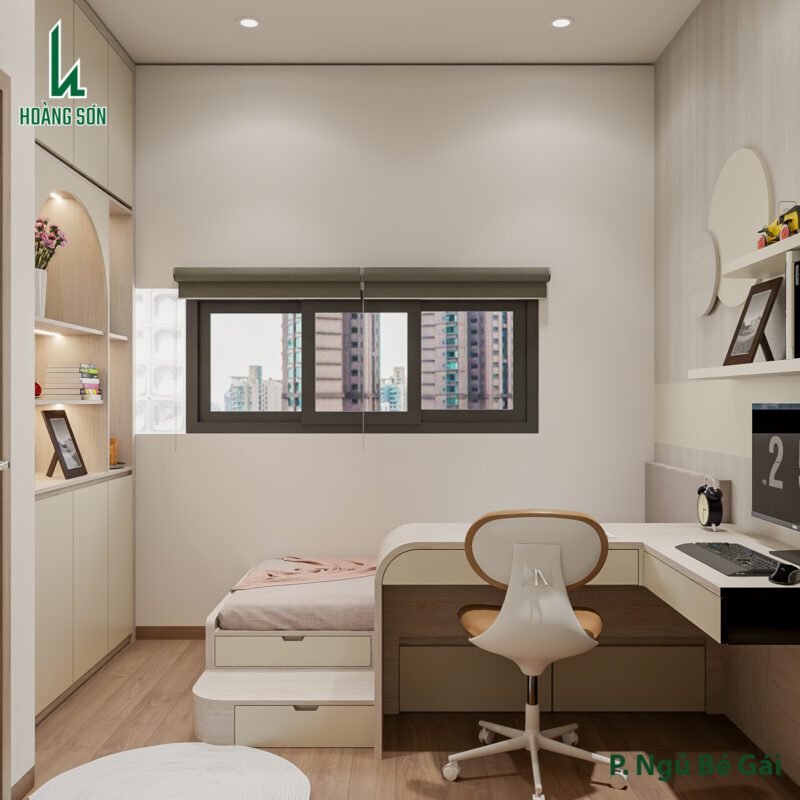 Dự án thiết kế phòng ngủ bé cho nhà chị Thuý Tân Phú, TP.HCM Bàn học liền tủ – Gỗ công nghiệp màu kem và vân gỗ
