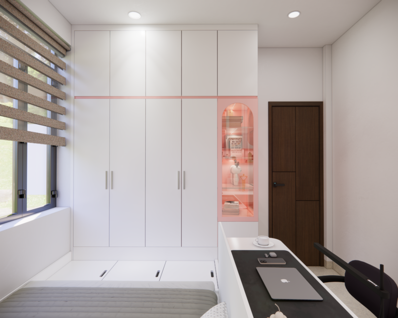 Dự án thiết kế phòng ngủ cho nhà chị Hiếu quận 9, TP.HCM Hệ tủ quần áo cao kịch trần giúp tiết kiệm diện tích