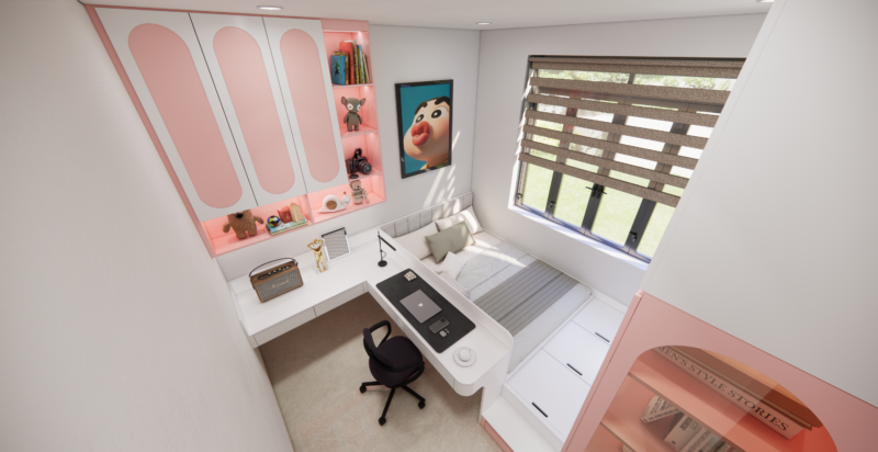 Dự án thiết kế phòng ngủ cho nhà chị Hiếu quận 9, TP.HCM Hệ tủ treo và kệ trang trí