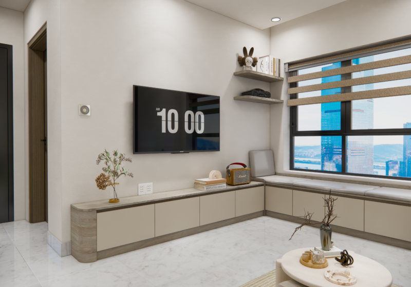Bàn giao dự án thiết kế phòng khách cho nhà chị Khánh quận 9, TP.HCM Khu vực trang trí nhỏ gọn, có điểm nhấn
