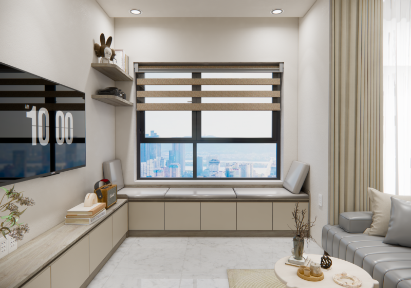 Bàn giao dự án thiết kế phòng khách cho nhà chị Khánh quận 9, TP.HCM Tủ thấp kết hợp ghế ngồi bên cửa sổ