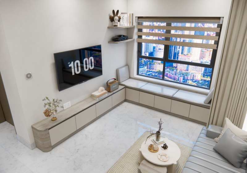 Bàn giao dự án thiết kế phòng khách cho nhà chị Khánh quận 9, TP.HCM Hệ tủ TV – tối giản, liền mạch