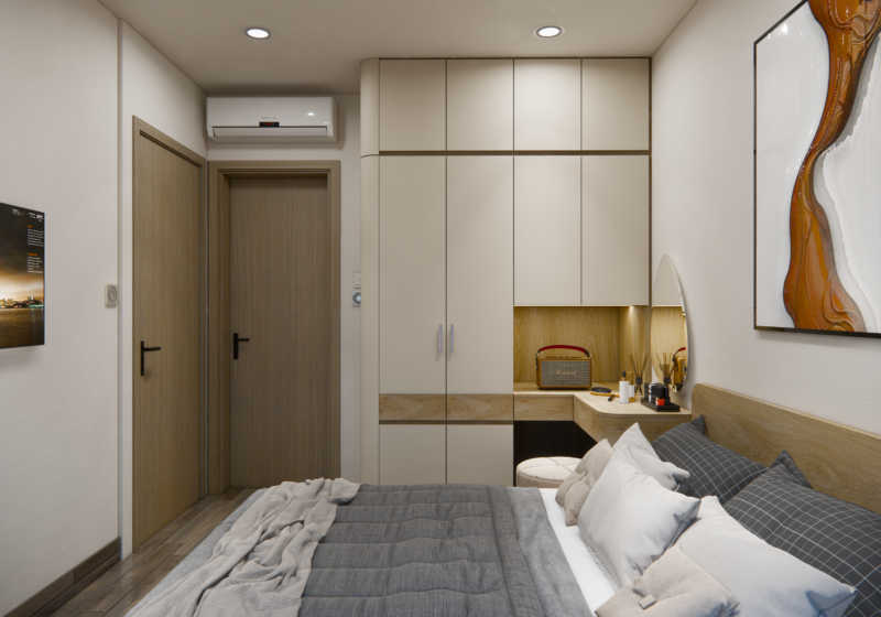 Bàn giao dự án thiết kế phòng ngủ cho nhà chị Khánh quận 9, TP.HCM Hệ tủ quần áo cao kịch trần giúp tiết kiệm diện tích tối đa